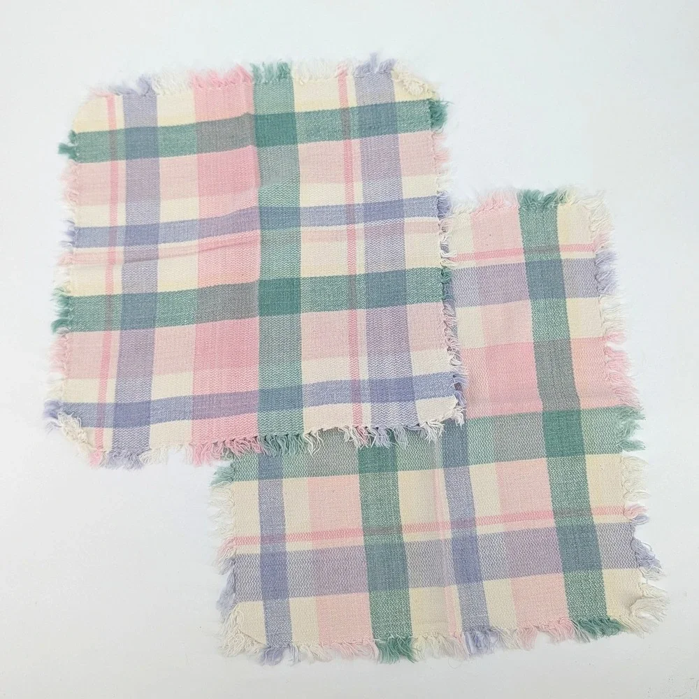 Vintage Pink Green Pastel Plaid Cloth Napkins Set of 2 Fringed Woven Linens 14